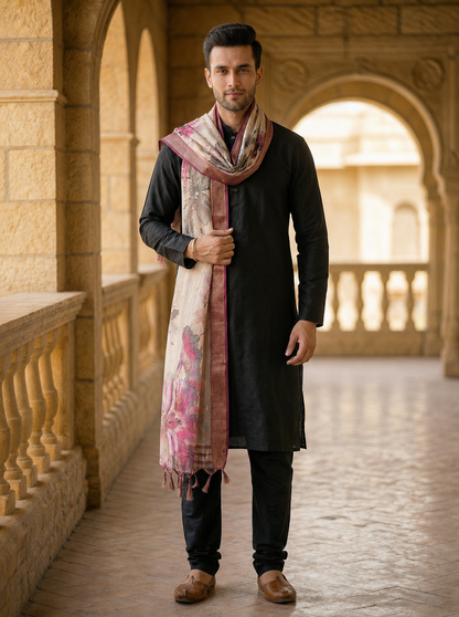 Floral Print Dupatta for Men with Zari Border | Ivory