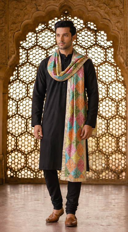 Punjabi Phulkari Dupatta for Men with Heavy Embroidery | Multicolor