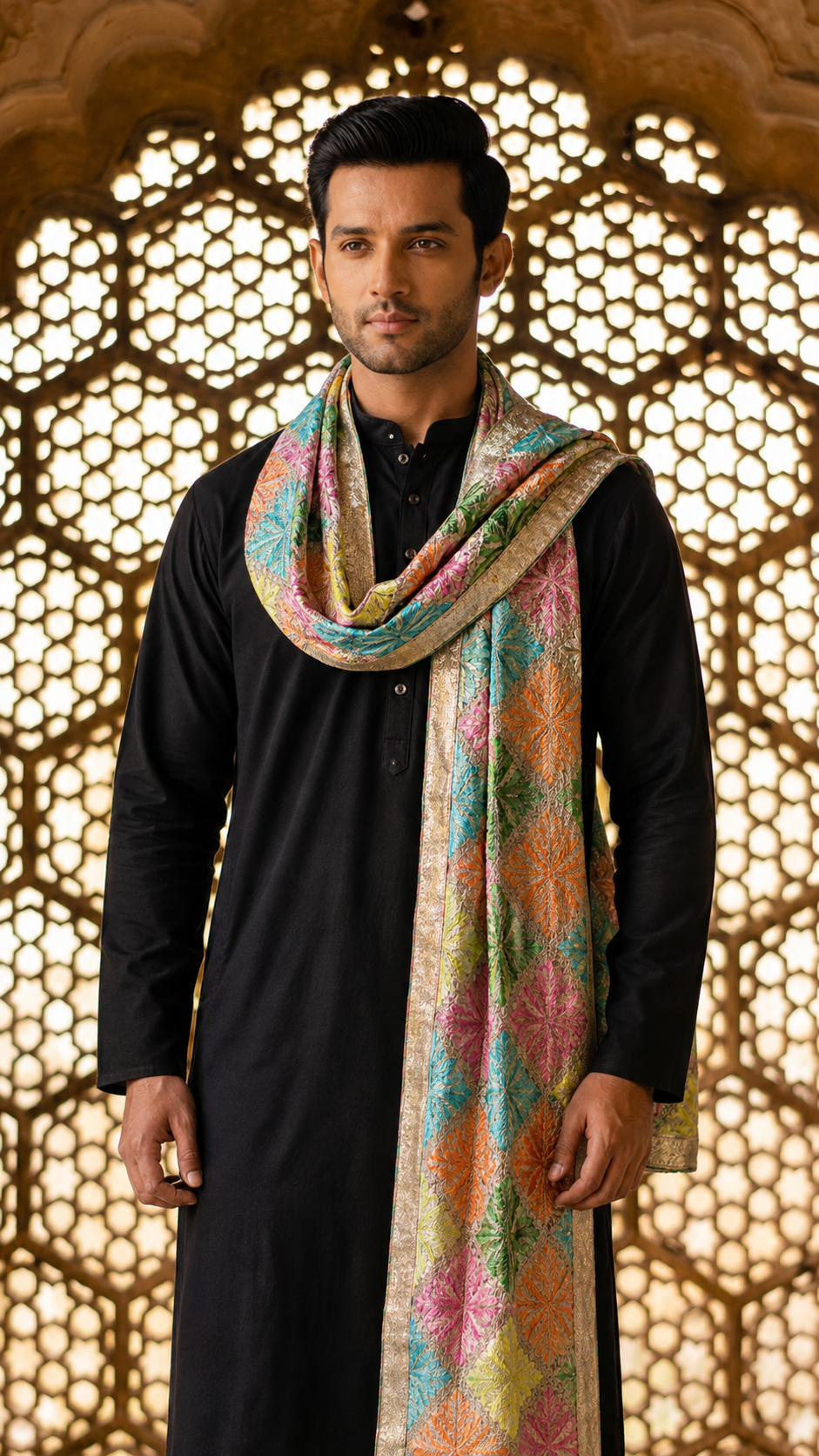 Punjabi Phulkari Dupatta for Men with Heavy Embroidery | Multicolor
