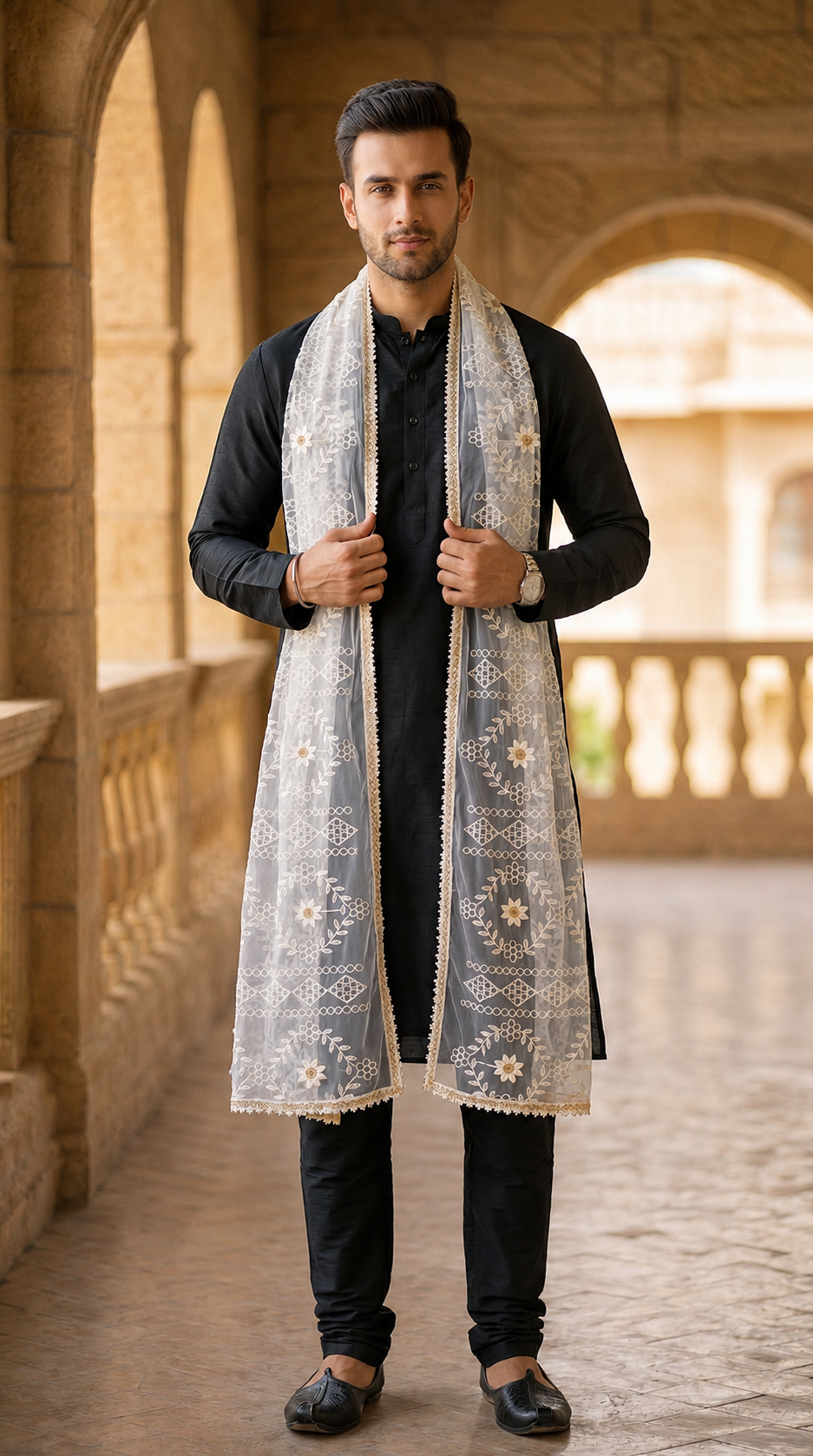 Net Embroidered Dupatta for Men | White