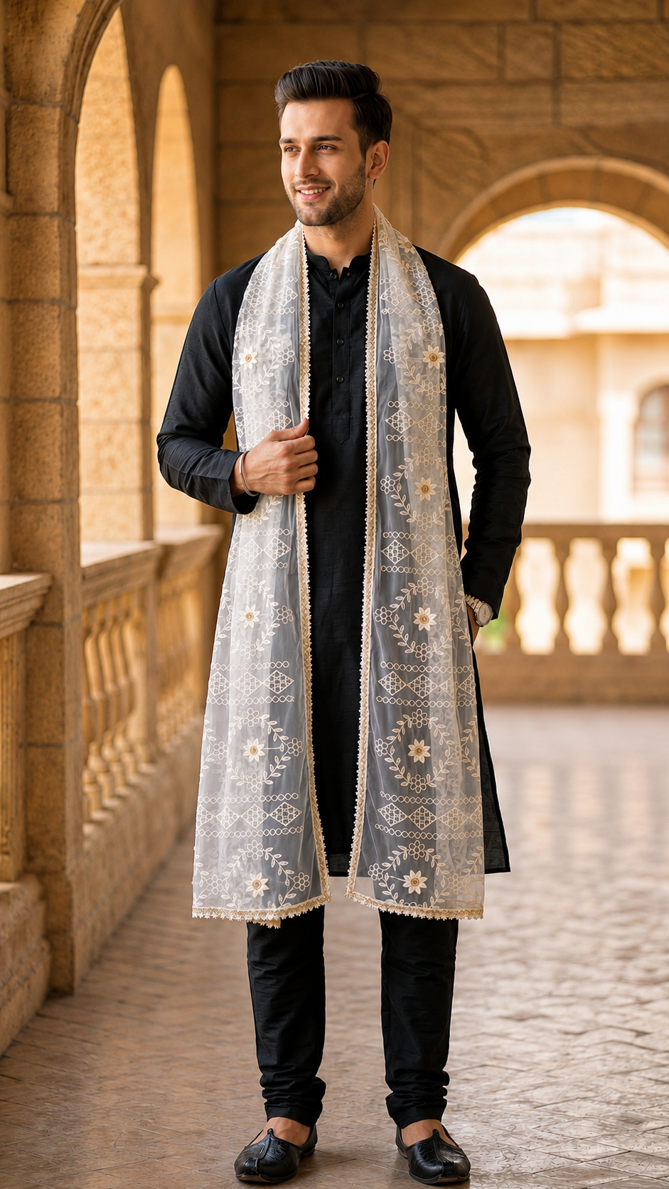 Net Embroidered Dupatta for Men | White