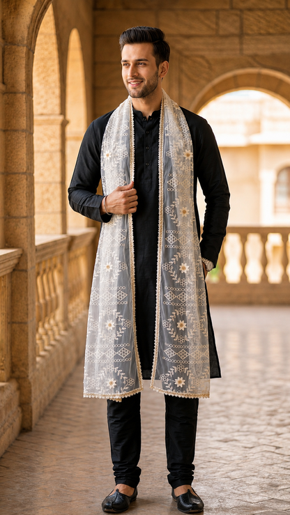 Net Embroidered Dupatta for Men | White