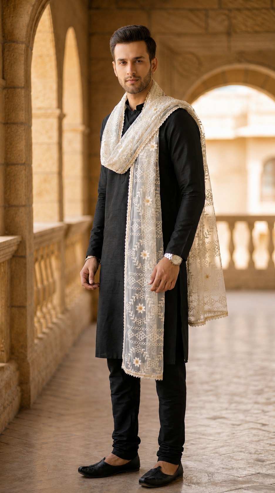 Net Embroidered Dupatta for Men | White