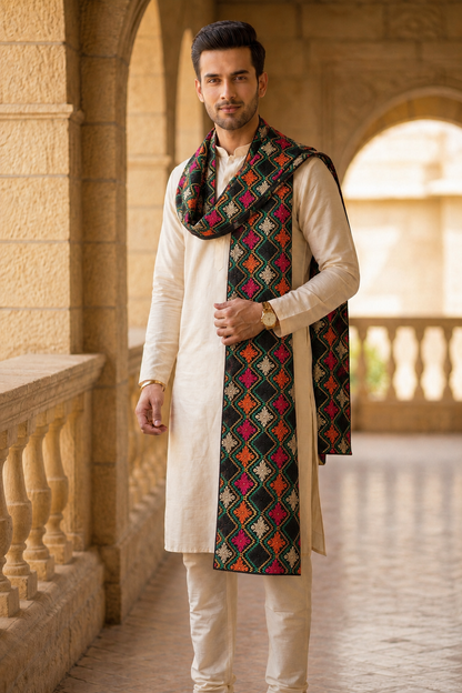 Punjabi Phulkari Dupatta for Men with Heavy Embroidery | Black