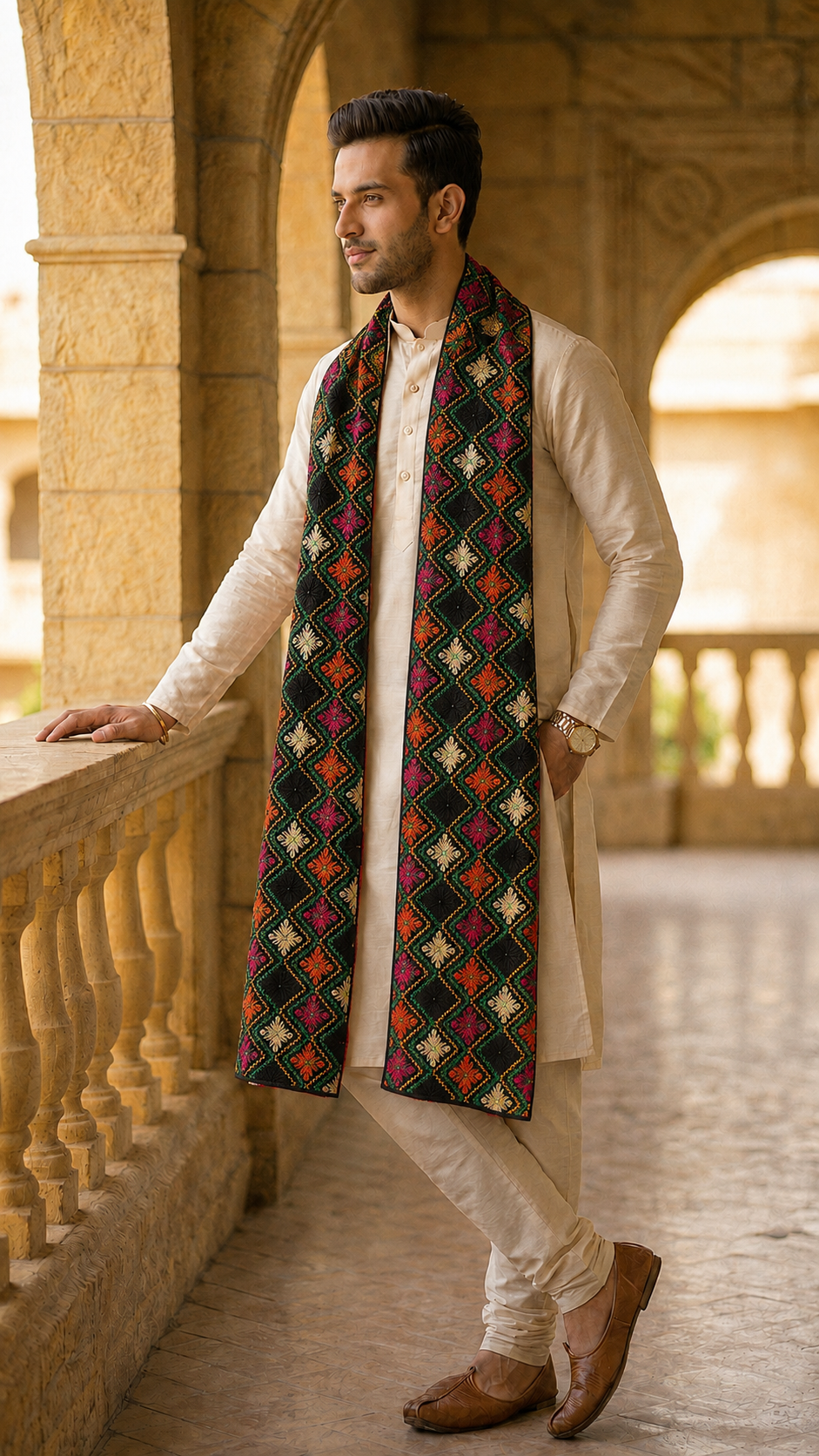 Punjabi Phulkari Dupatta for Men with Heavy Embroidery | Black