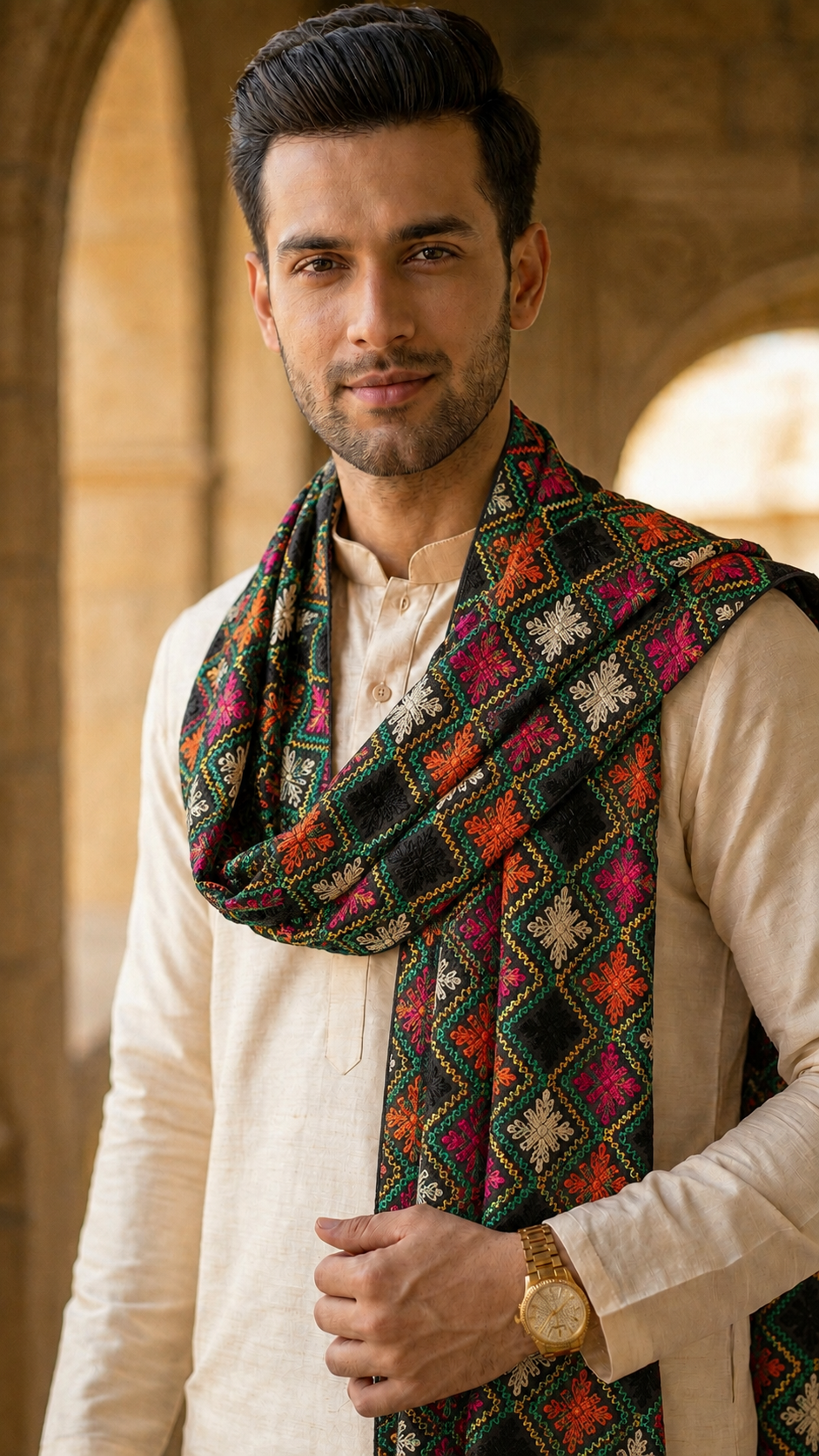 Punjabi Phulkari Dupatta for Men with Heavy Embroidery | Black