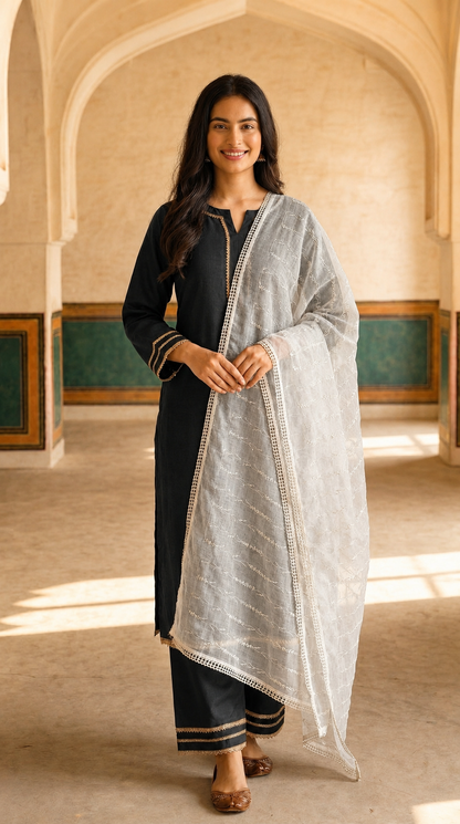 Pure Cotton Self Embroidery Vine Dupatta for Women | White