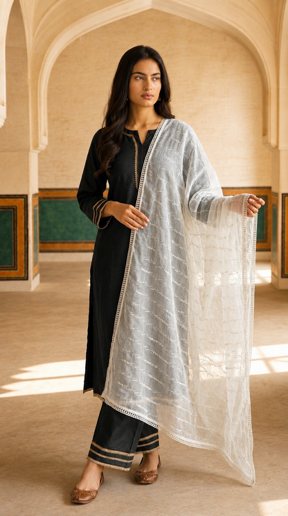 Pure Cotton Self Embroidery Vine Dupatta for Women | White