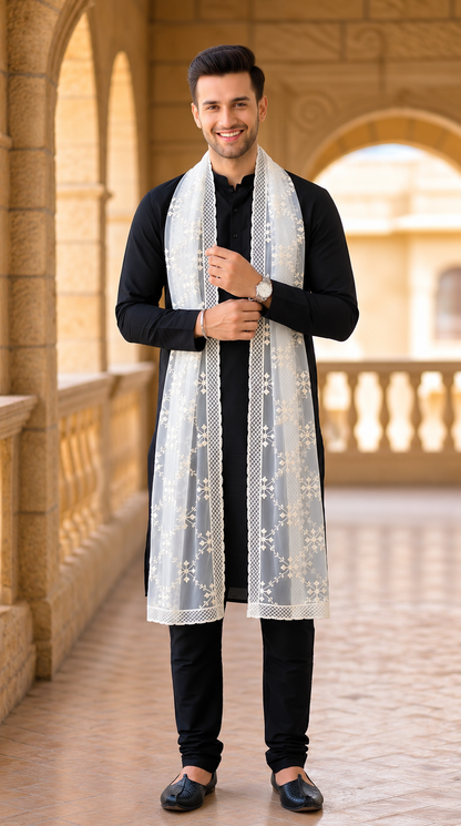 Net Embroidered Dupatta for Men | White