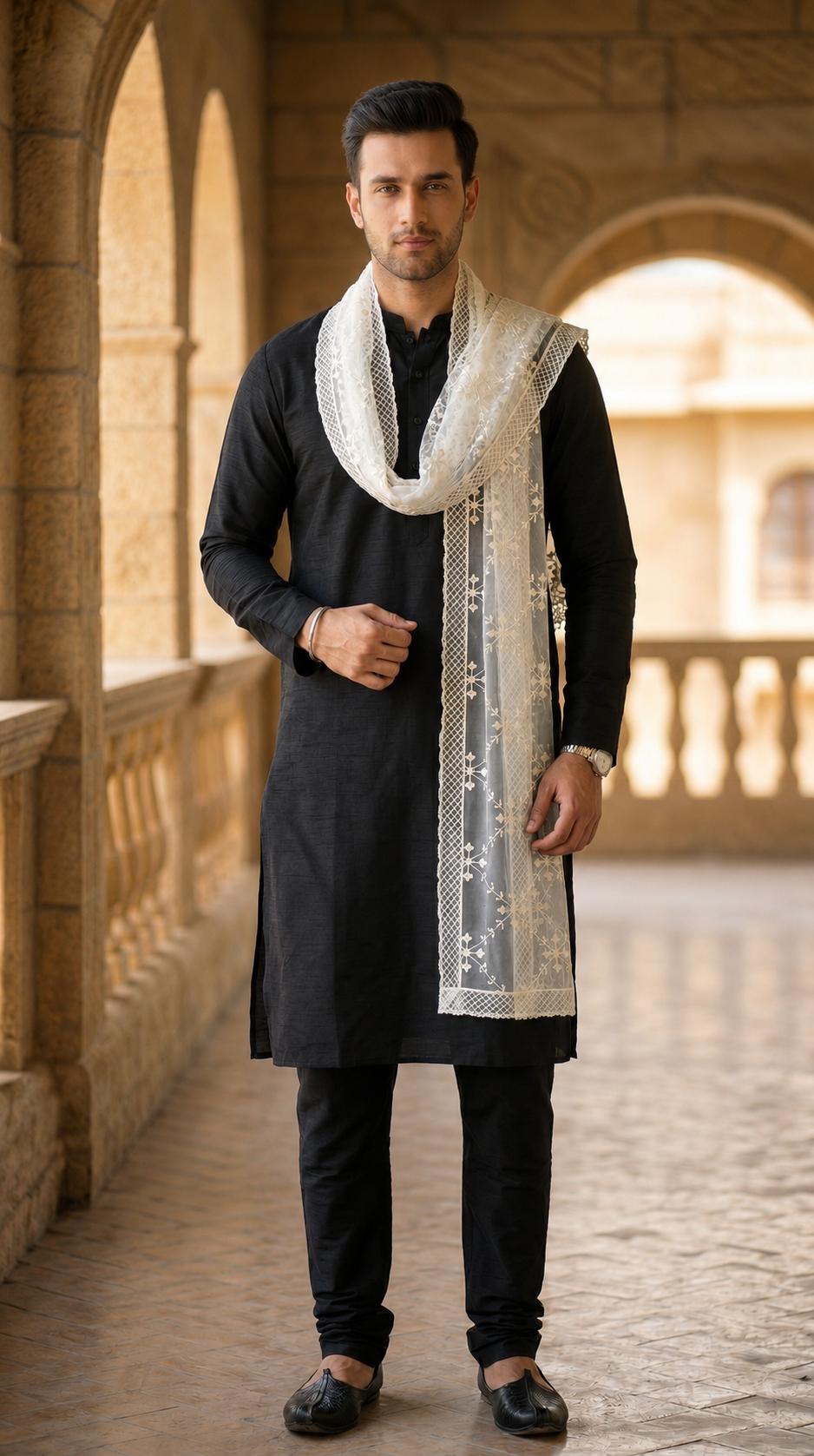Net Embroidered Dupatta for Men | White