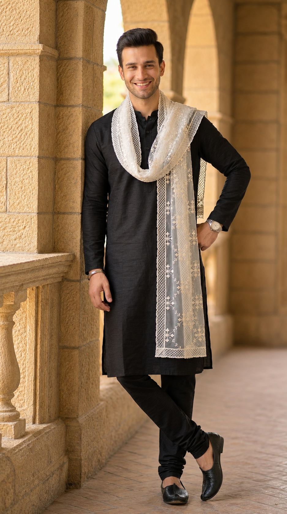 Net Embroidered Dupatta for Men | White
