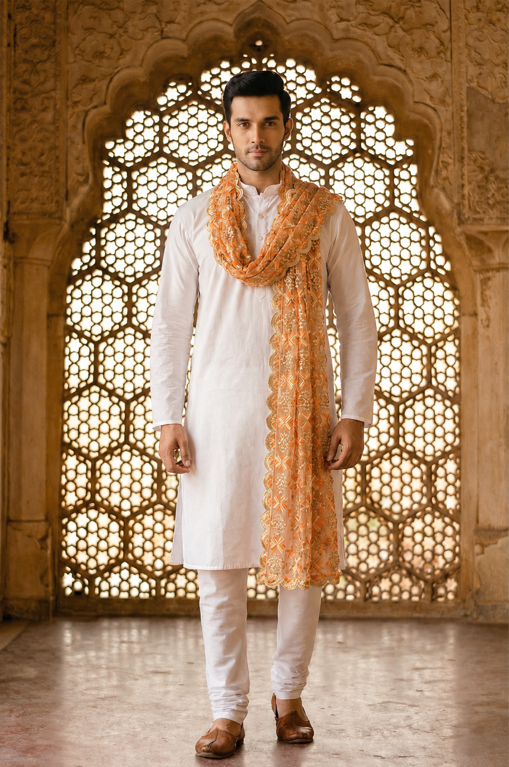 Organza Phulkari Dupatta for Men with Heavy Embroidery | Peach