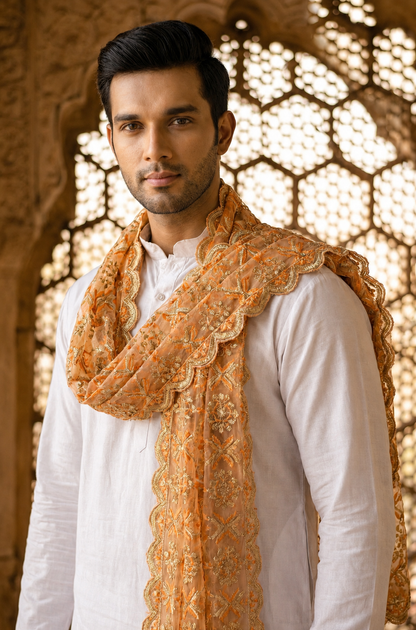 Organza Phulkari Dupatta for Men with Heavy Embroidery | Peach