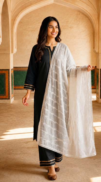 Pure Cotton Self Embroidery Stripe Dupatta for Women | White