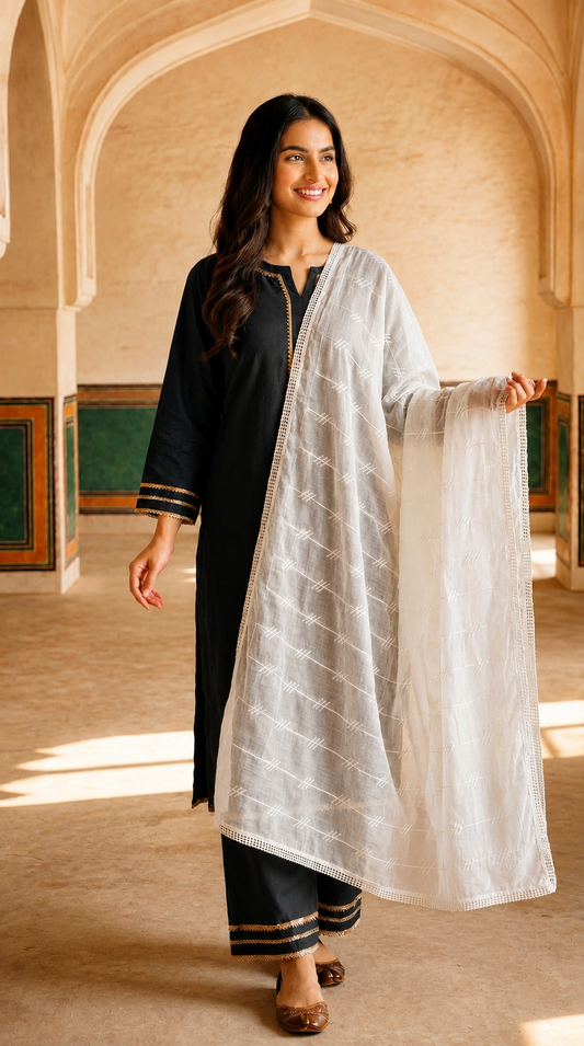 Pure Cotton Self Embroidery Stripe Dupatta for Women | White