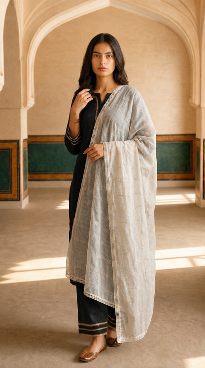 Pure Cotton Self Embroidery Stripe Dupatta for Women | White