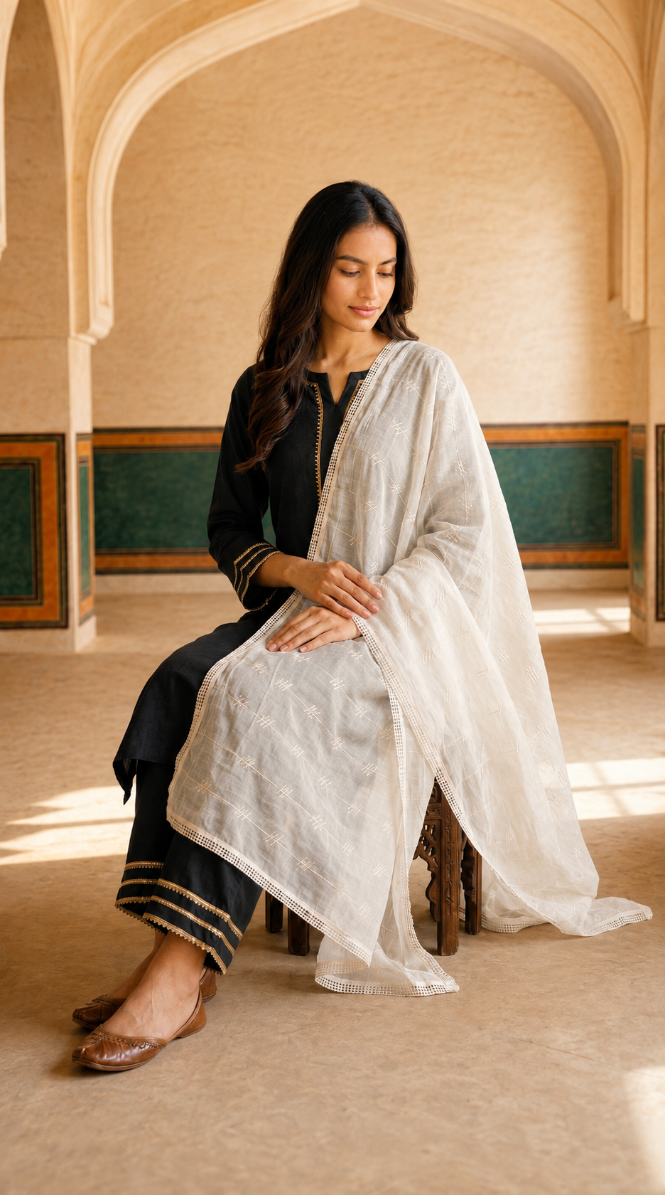 Pure Cotton Self Embroidery Stripe Dupatta for Women | White