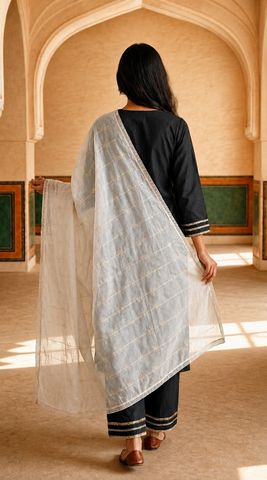 Pure Cotton Self Embroidery Stripe Dupatta for Women | White