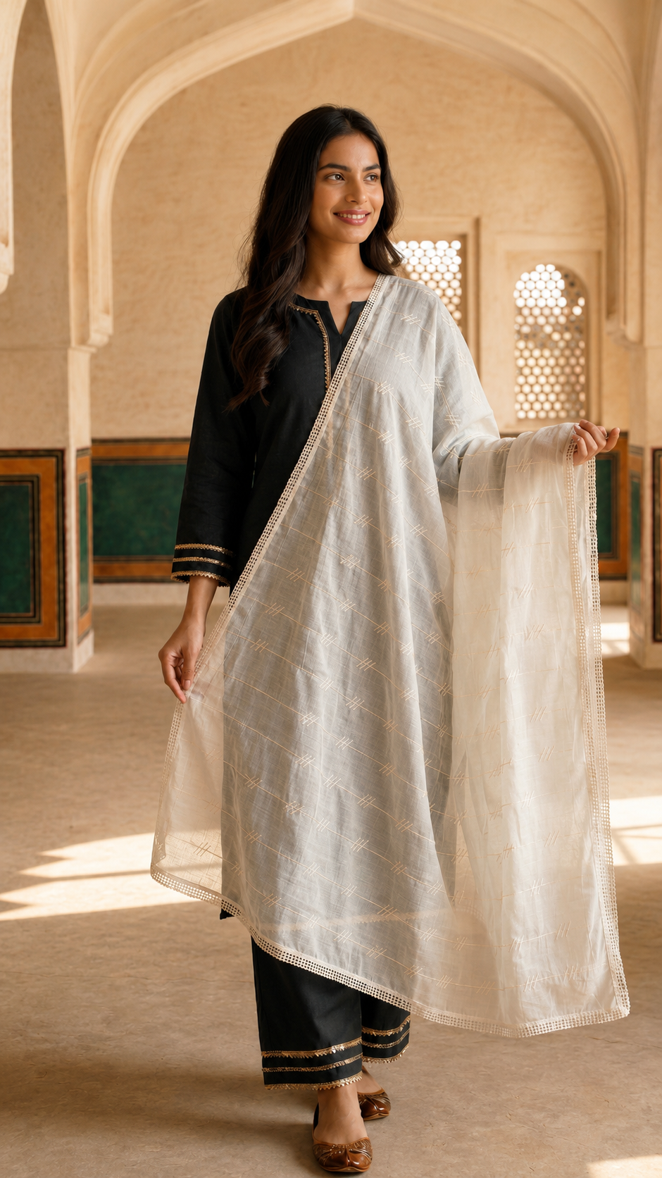 Pure Cotton Self Embroidery Stripe Dupatta for Women | White