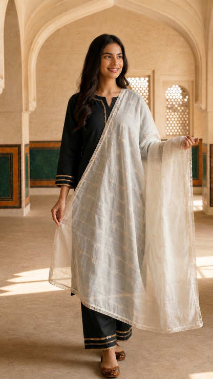 Pure Cotton Self Embroidery Stripe Dupatta for Women | White