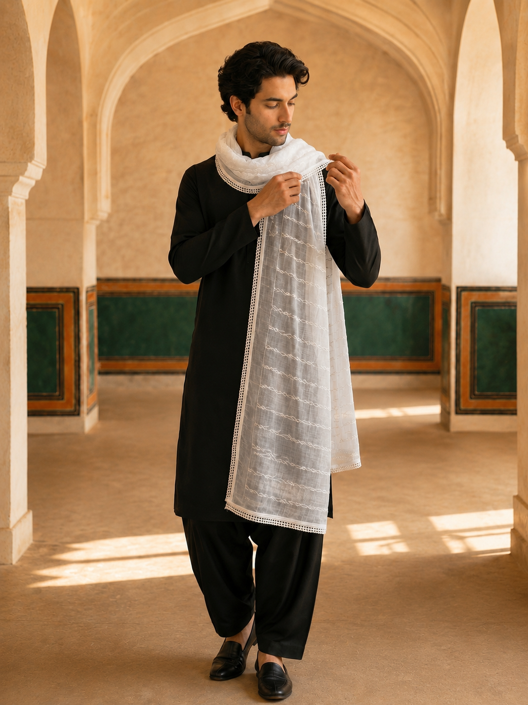 Pure Cotton Self Embroidered Vine Dupatta for Men | White