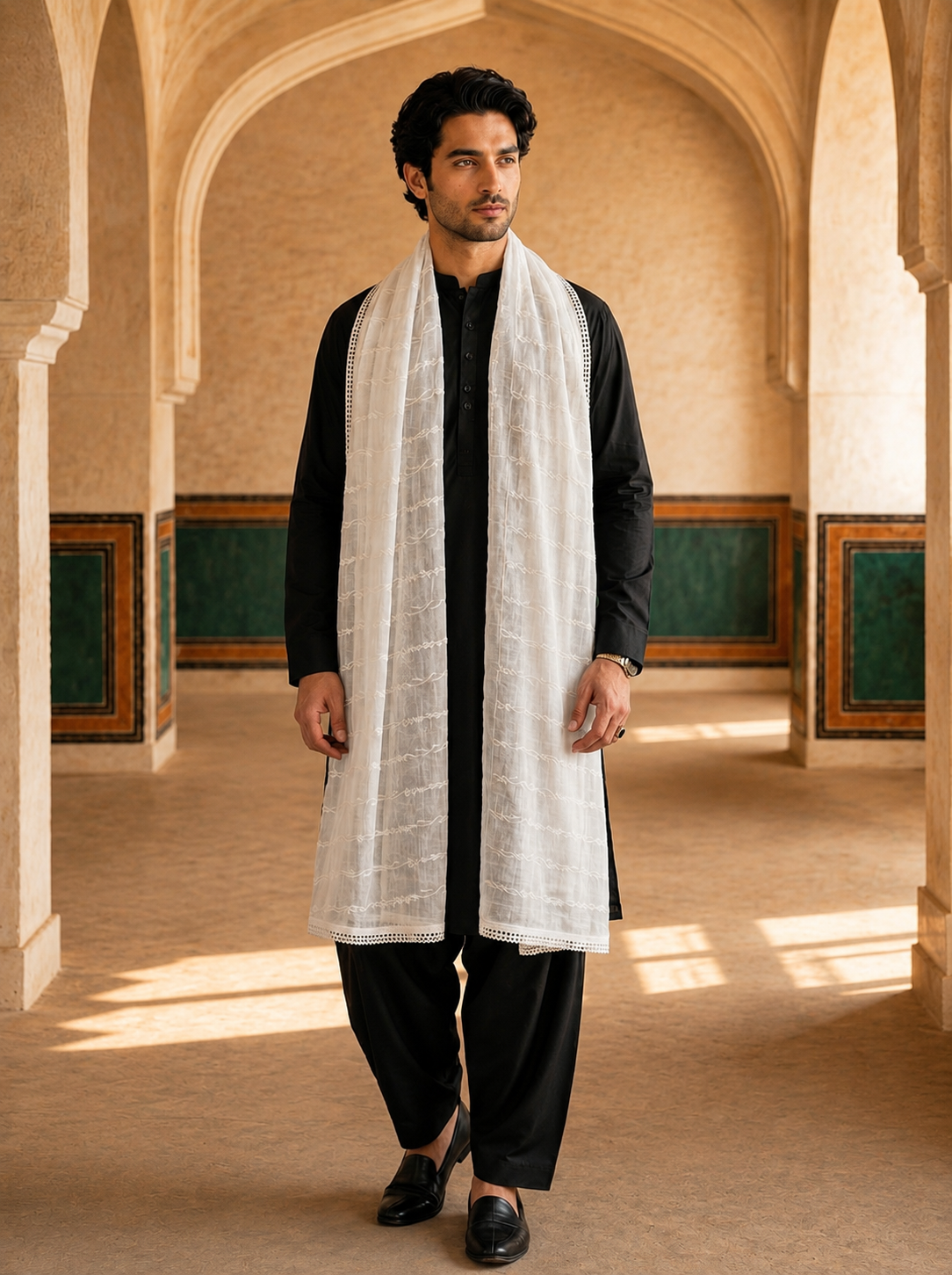 Pure Cotton Self Embroidered Vine Dupatta for Men | White