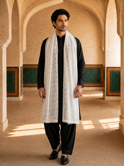 Pure Cotton Self Embroidered Vine Dupatta for Men | White