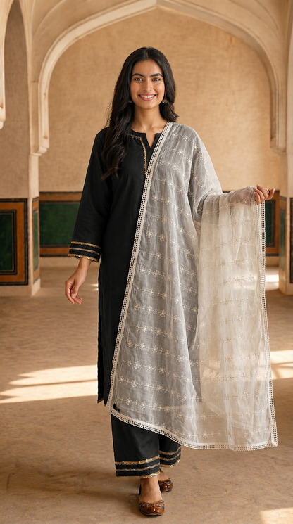 Pure Cotton Self Embroidery Floral Dupatta for Women | White