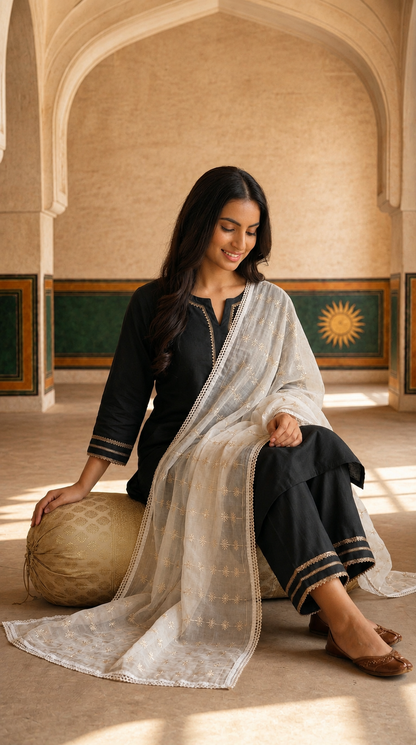 Pure Cotton Self Embroidery Floral Dupatta for Women | White