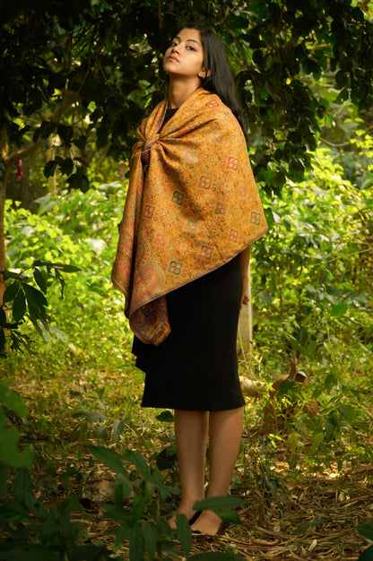 Kashmiri Kani Stole for Women in Paisley Jacquard Weaving | Mustard
