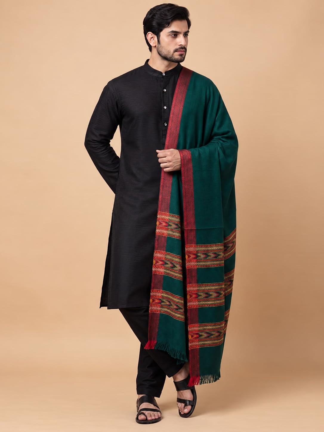 Kullu Patti Woolen Shawl for Men | Bottle Green
