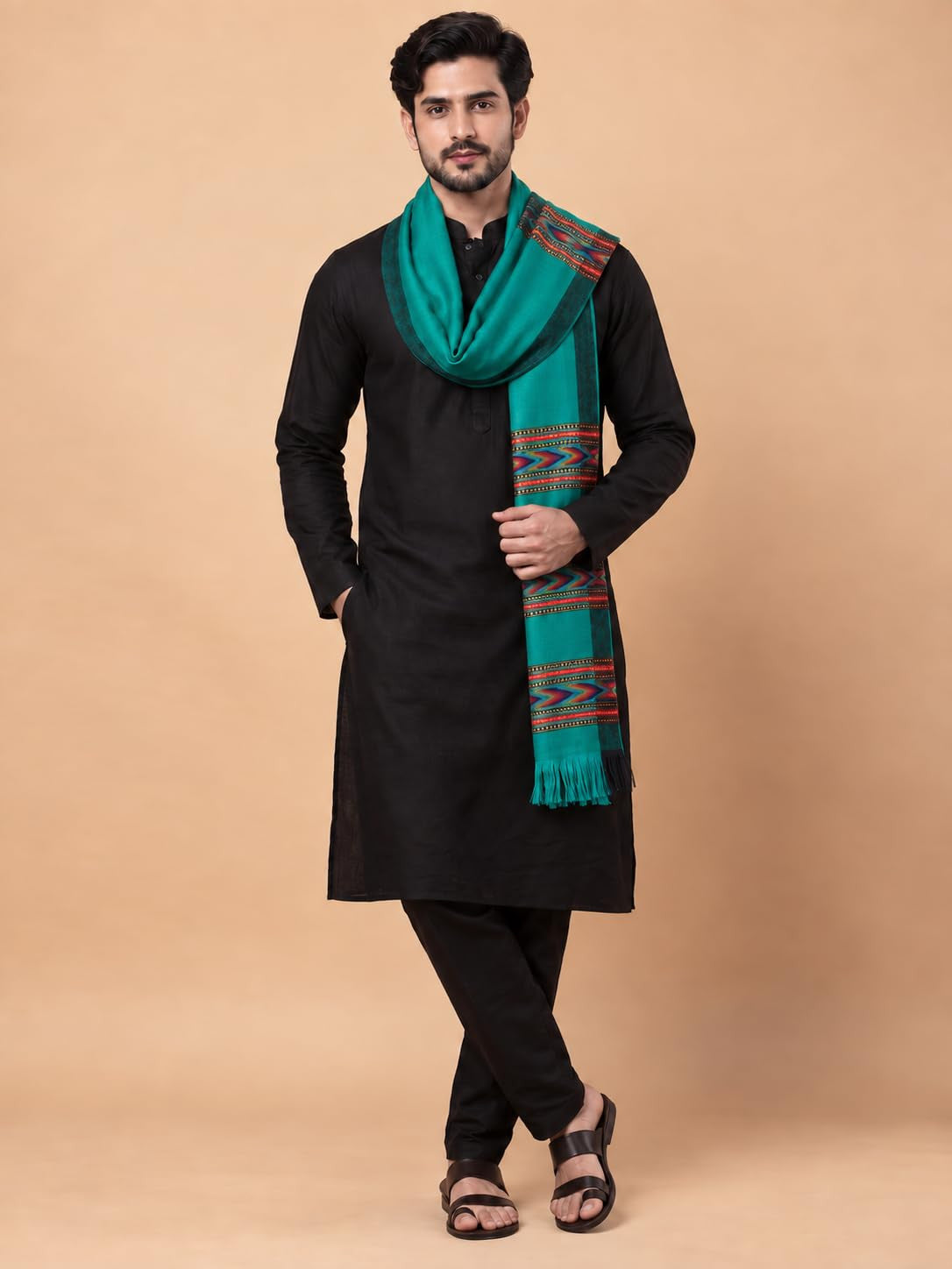 Kullu Patti Woolen Shawl for Men | Sea Green