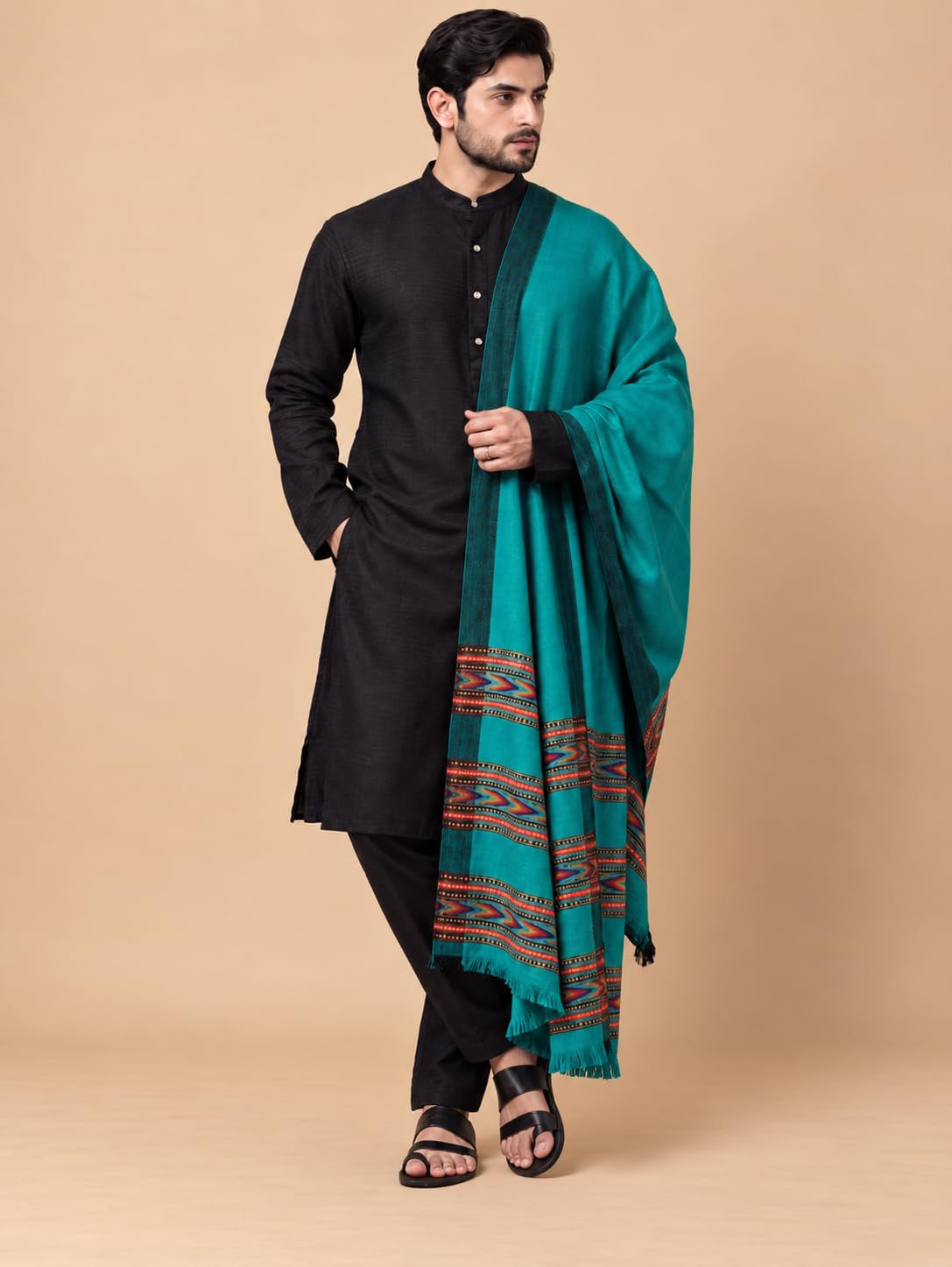 Kullu Patti Woolen Shawl for Men | Sea Green