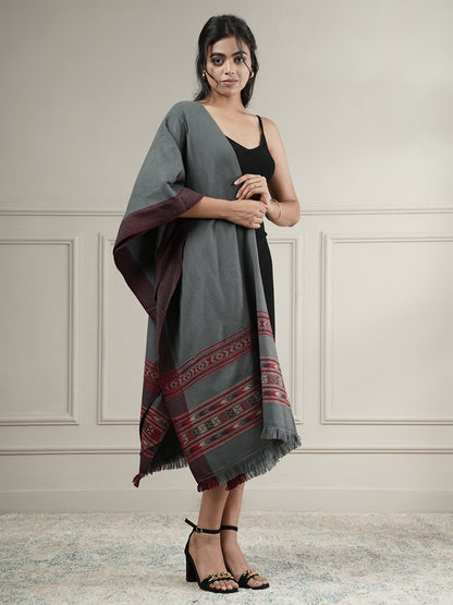 Woollen Plain Kullu Warm Shawl with Border Design | Grey