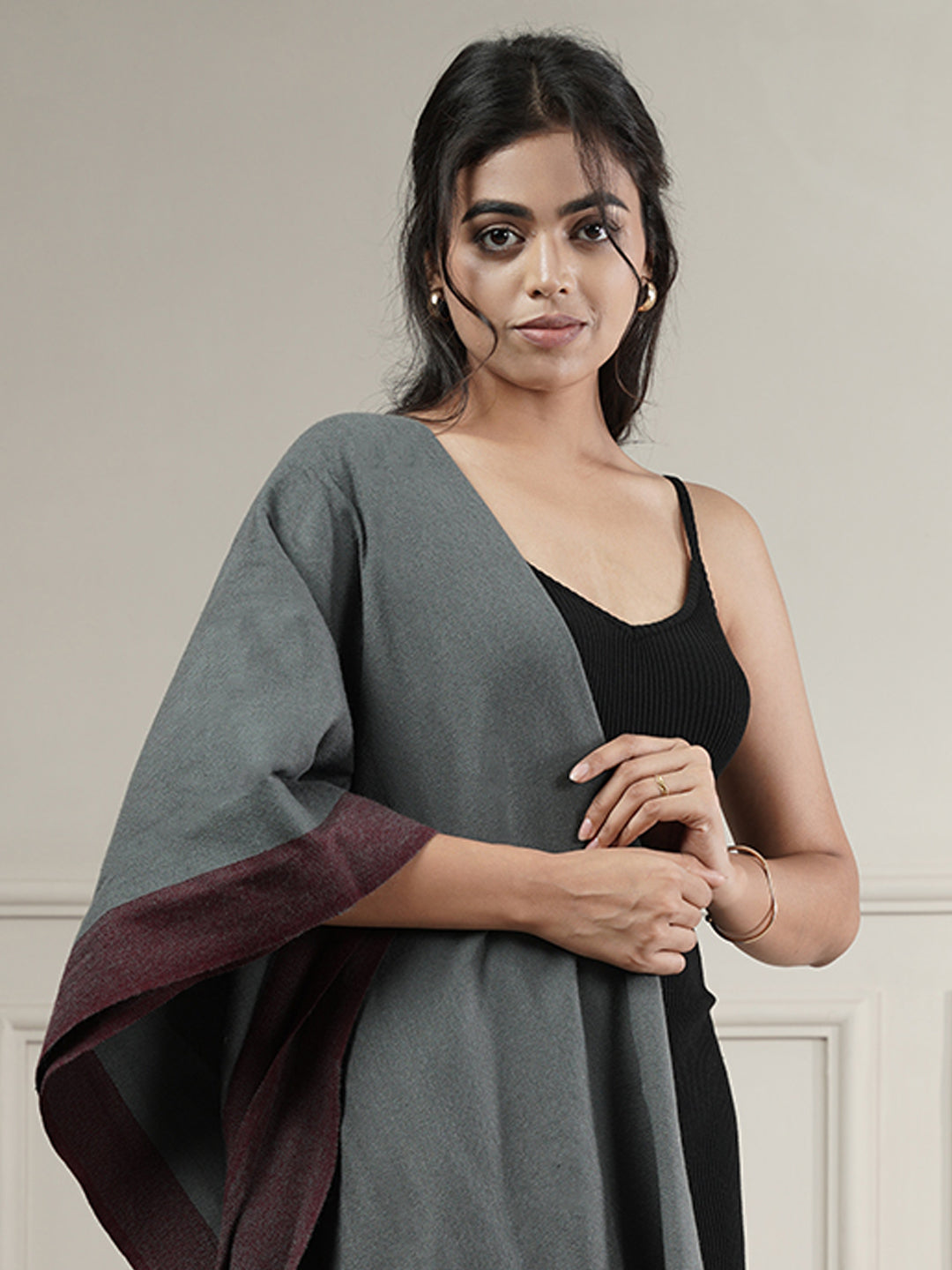 Woollen Plain Kullu Warm Shawl with Border Design | Grey