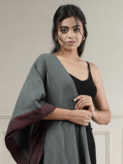 Woollen Plain Kullu Warm Shawl with Border Design | Grey