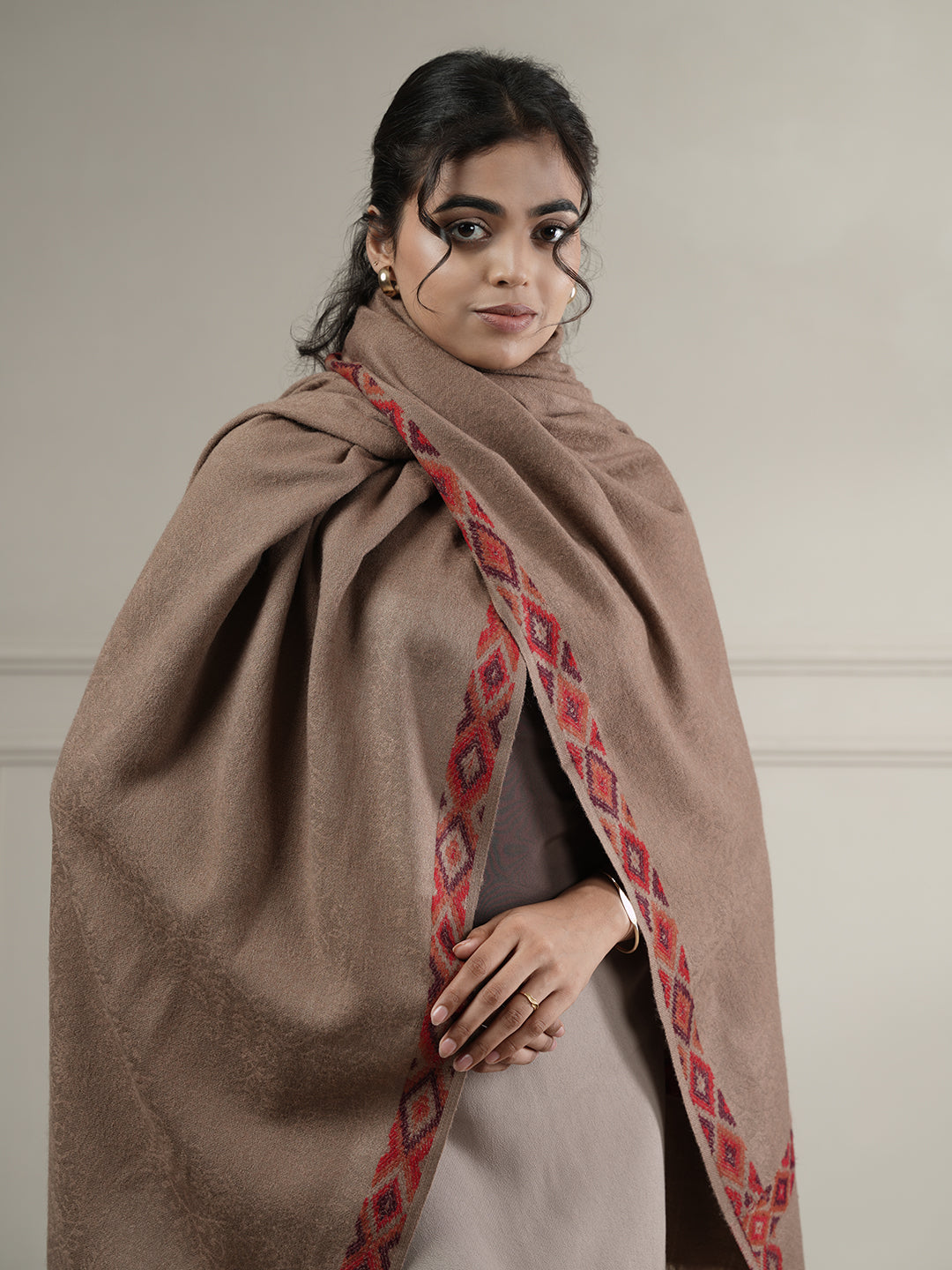 Woollen Plain Shawl with Single Woven Kullu Border | Brown
