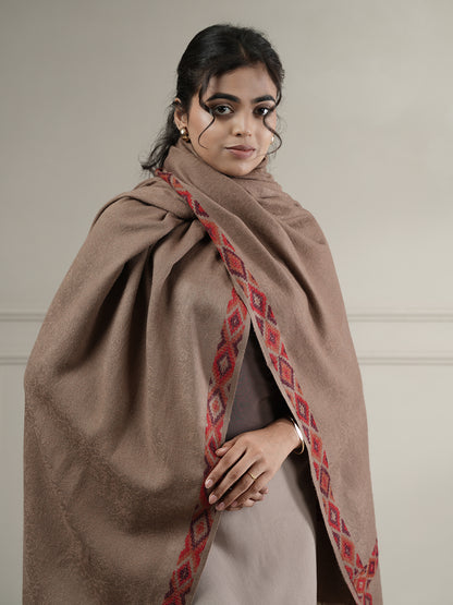 Woollen Plain Shawl with Single Woven Kullu Border | Brown