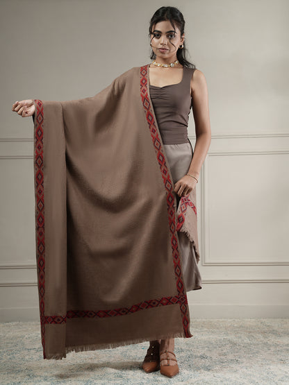 Woollen Plain Shawl with Single Woven Kullu Border | Brown