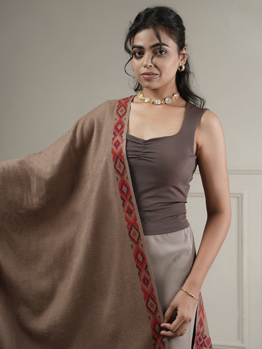 Woollen Plain Shawl with Single Woven Kullu Border | Brown