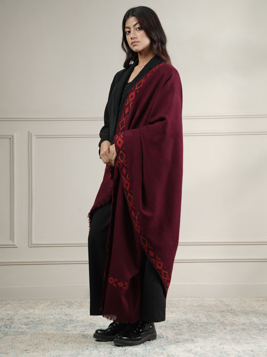 Woollen Plain Shawl with Single Woven Kullu Border | Maroon