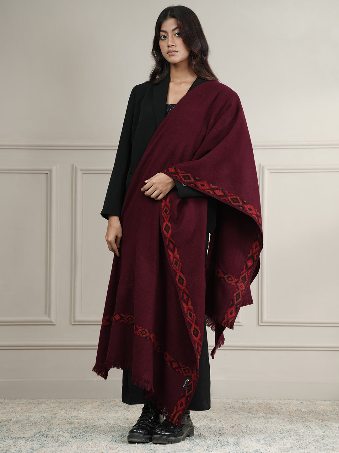 Woollen Plain Shawl with Single Woven Kullu Border | Maroon