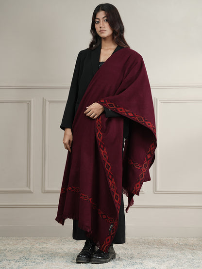 Woollen Plain Shawl with Single Woven Kullu Border | Maroon