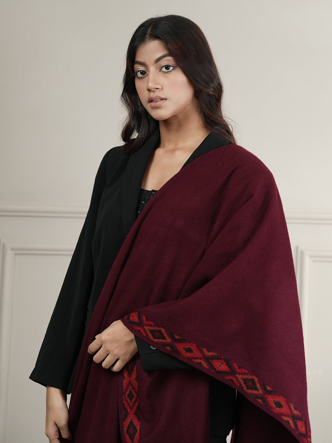 Woollen Plain Shawl with Single Woven Kullu Border | Maroon