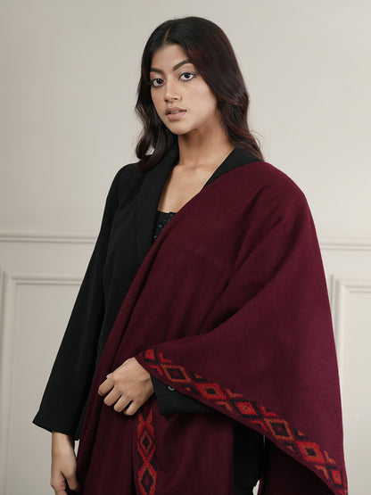 Woollen Plain Shawl with Single Woven Kullu Border | Maroon