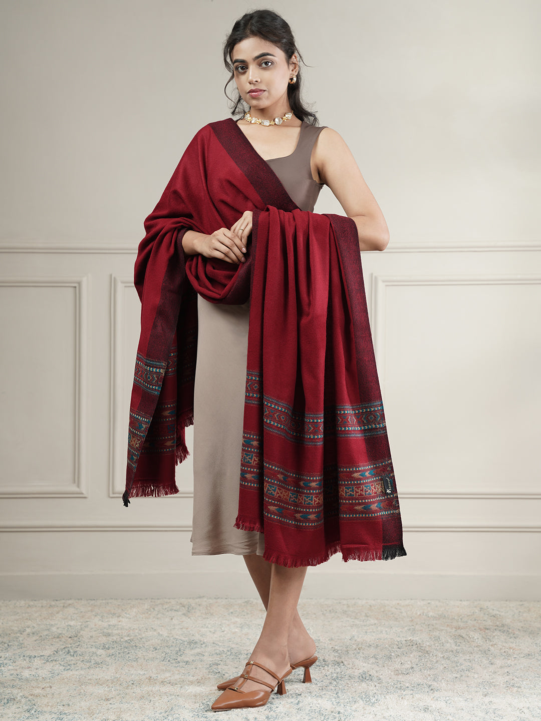 Woollen Plain Kullu Warm Shawl with Border Design | Maroon