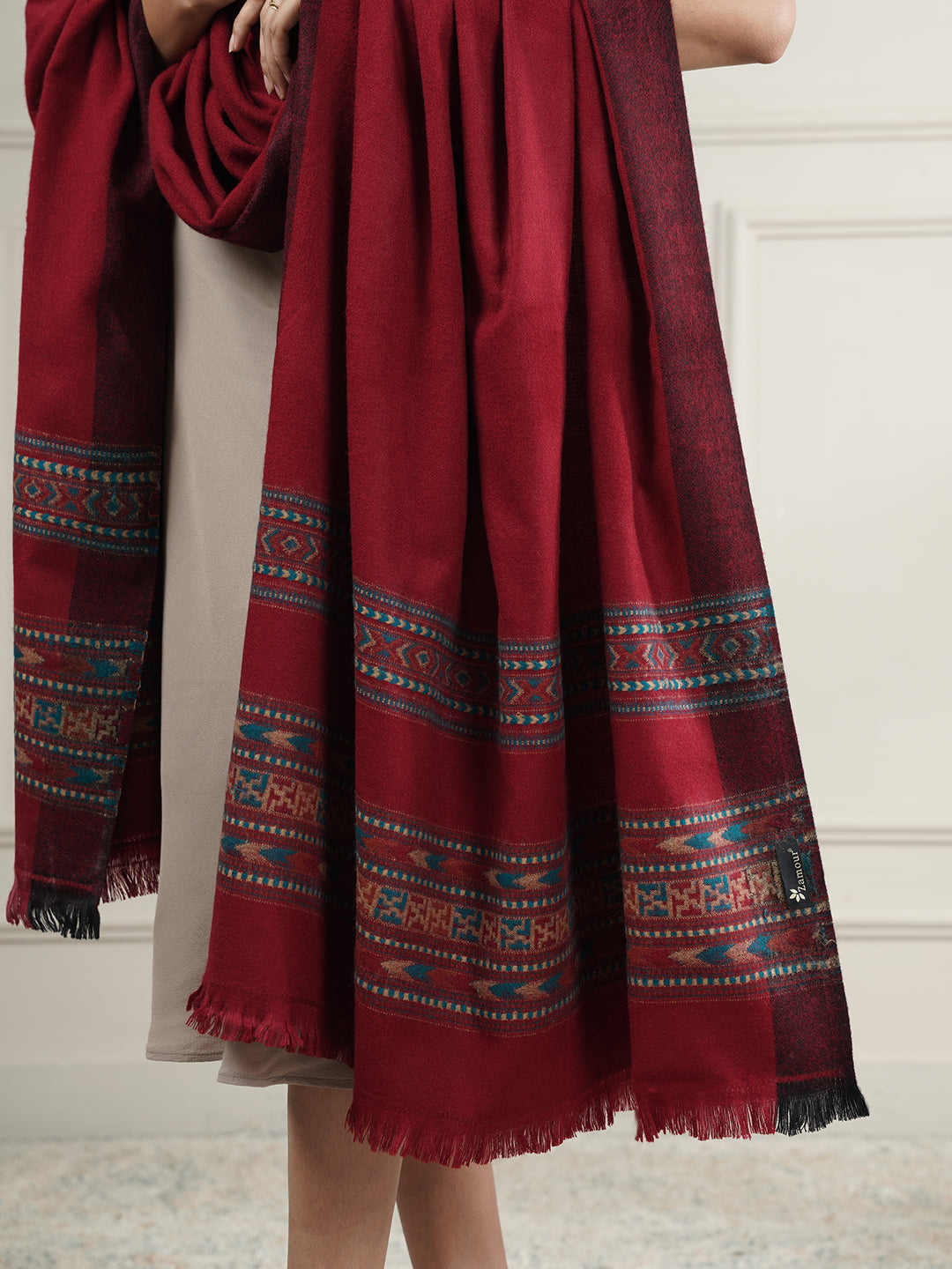 Woollen Plain Kullu Warm Shawl with Border Design | Maroon