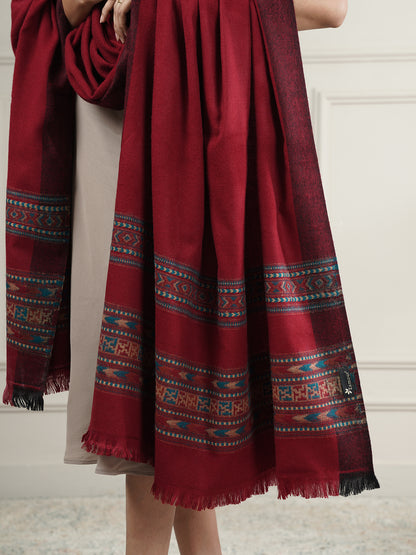 Woollen Plain Kullu Warm Shawl with Border Design | Maroon