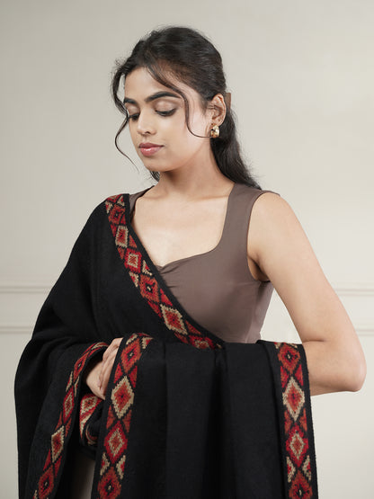 Woollen Plain Shawl with Single Woven Kullu Border | Black