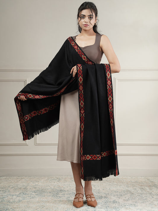 Woollen Plain Shawl with Single Woven Kullu Border | Black